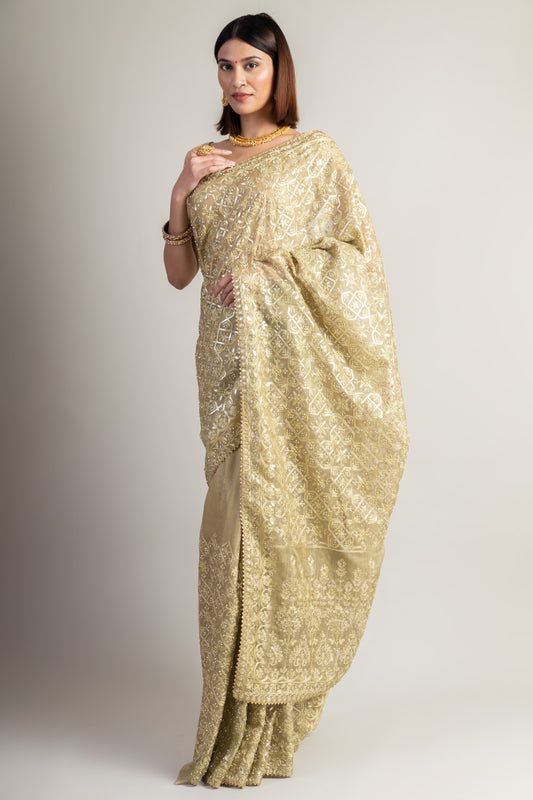 Pista Net Embroidered Saree With Unstitched Blouse