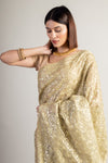 Pista Net Embroidered Saree With Unstitched Blouse