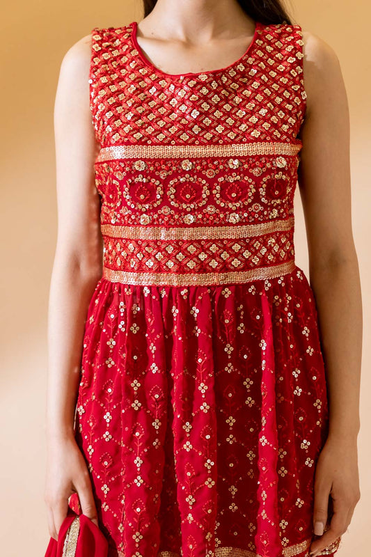 Red Georgette Readymade Sharara Set With Georgette Dupatta