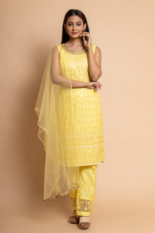 Lemon Gold Organza Readymade Suit And Pant With Net Dupatta