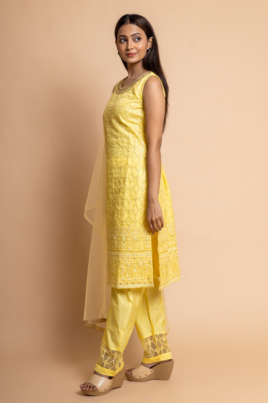Lemon Gold Organza Readymade Suit And Pant With Net Dupatta
