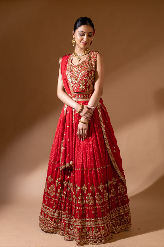 Red Bandhani Print, Cutdana, Dabka & Mirror Georgette Lehenga Set With Readymade Lehenga