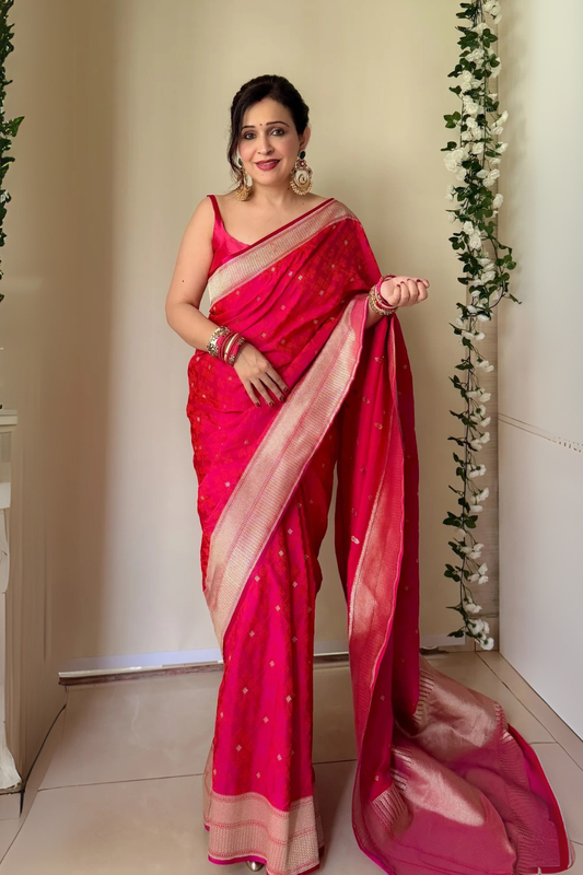 Timeless Elegance Rani Bandhani Gharchola Zari Border Banarasi Silk Saree With Unstitched Blouse (Ft:-Anjan Prasad)
