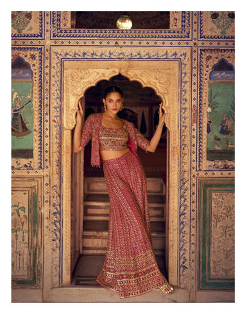 Rani Georgette Short Top Sharara Set With Shrug