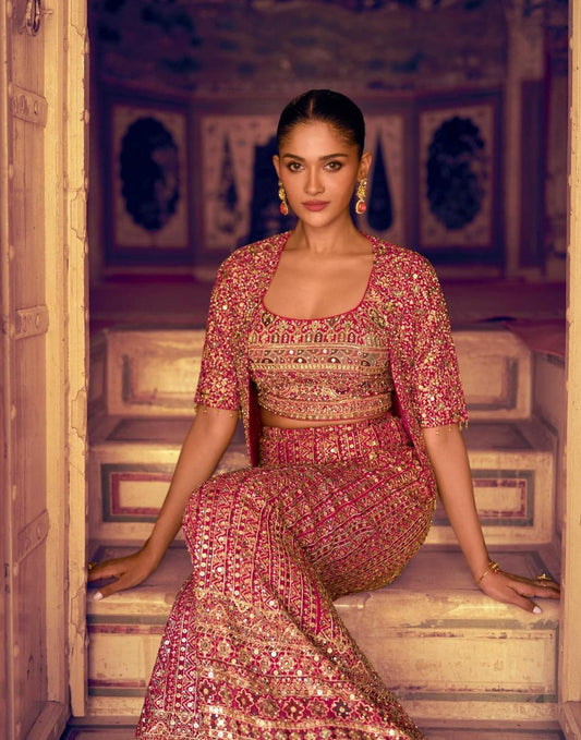Rani Georgette Short Top Sharara Set With Shrug