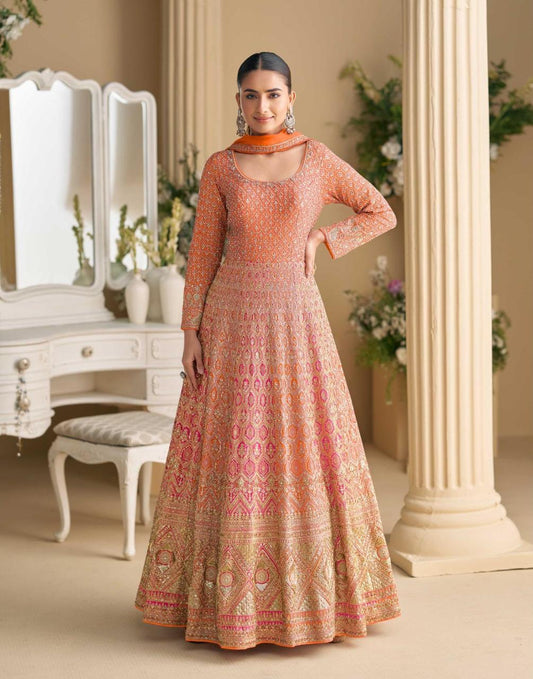 Orange Georgette Readymade Suit With Georgette Dupatta