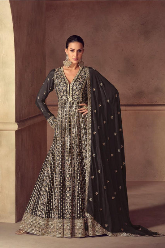 Black Chinon Floor Length Readymade Suit With Chinon Dupatta