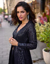 Navy Blue Georgette Short Top Sharara Set With Shrug