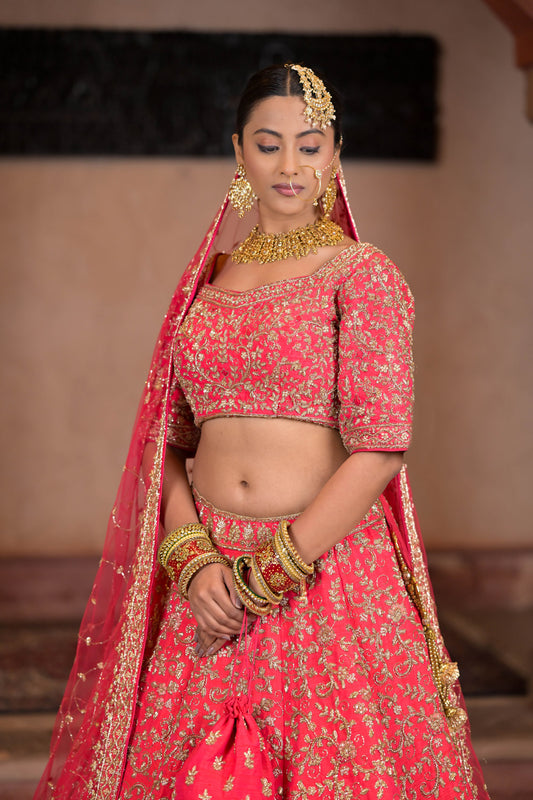 Rani Fine Raw Silk lehenga Set And Net Dupatta With Readymade Blouse