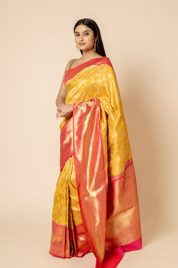 Mustard Woven Zari South Indian Silk Saree With Unstitched Blouse