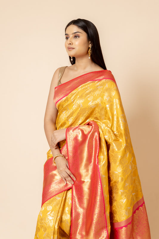 Mustard Woven Zari South Indian Silk Saree With Unstitched Blouse
