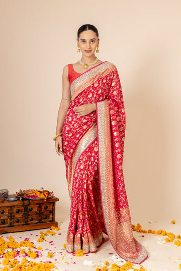 Maroon Sequence & Swarovski Georgette Saree With Unstitched Blouse