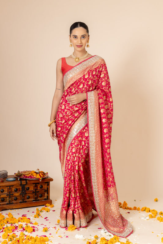 Maroon Sequence & Swarovski Georgette Saree With Unstitched Blouse