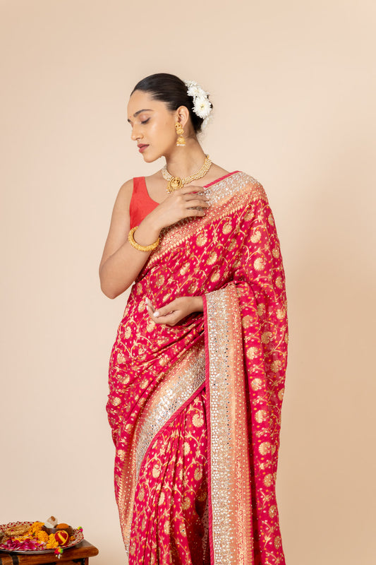 Maroon Sequence & Swarovski Georgette Saree With Unstitched Blouse