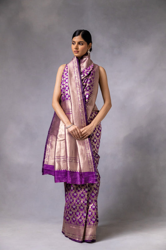 Purple Banarasi Woven Zari Saree With Unstitched Blouse(Ft:-Sunitha Scharma)