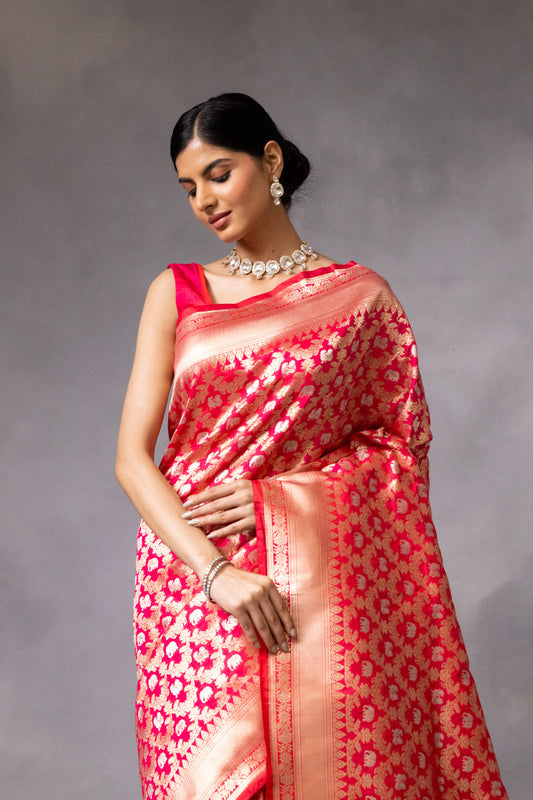 Rani Banarasi Silk Woven Zari Saree With Unstitched Blouse (Ft:-Nandita Karan Suchak)