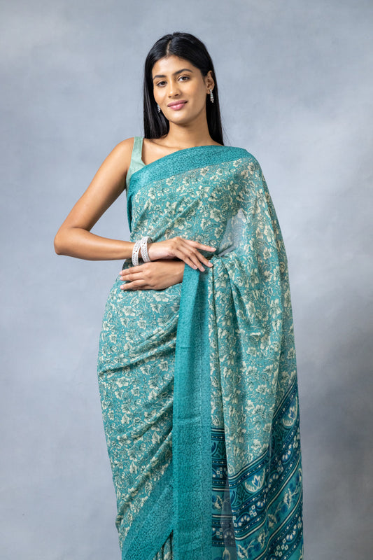 Mint Green Floral Printed Georgette Saree With Unstitched Blouse