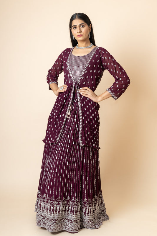 Garnet Sequence & Threadwork Georgette Lehenga Set And Jacket With Readymade Blouse