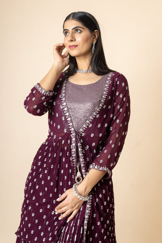 Garnet Sequence & Threadwork Georgette Lehenga Set And Jacket With Readymade Blouse