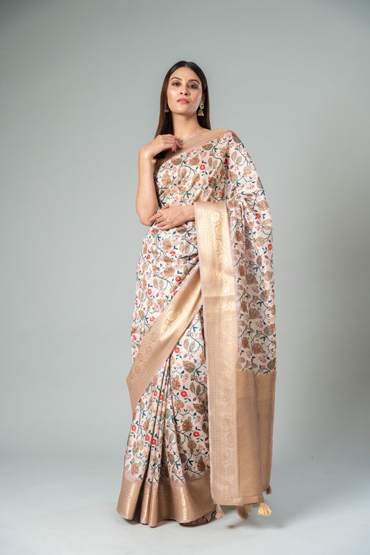 Tussar Floral Printed Saree With Zari Border