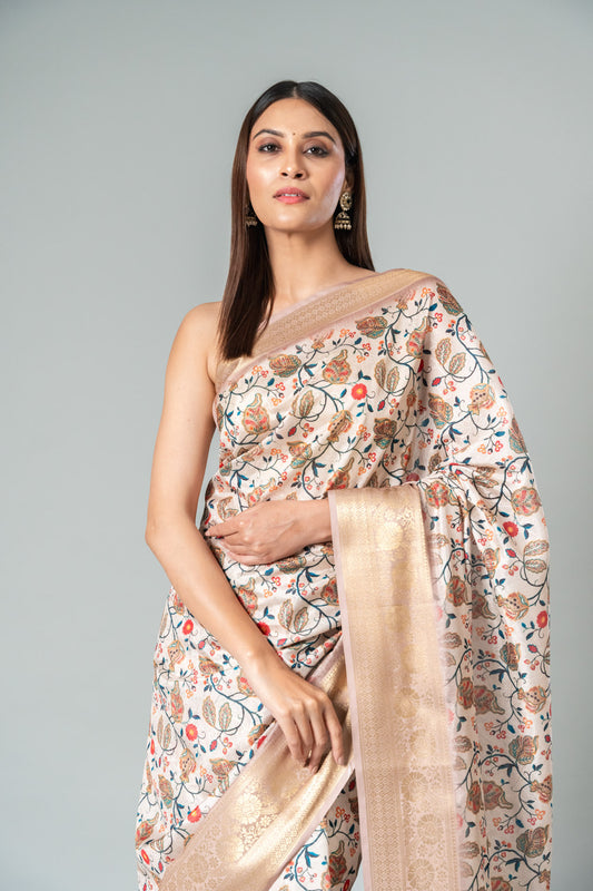 Tussar Floral Printed Saree With Zari Border