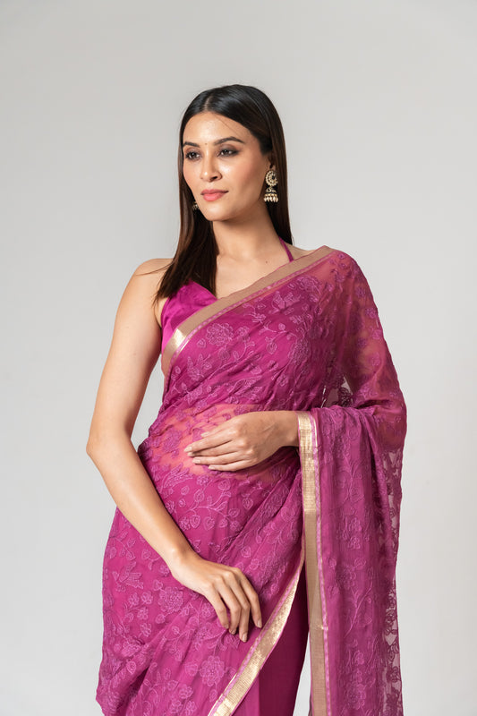 Chiffon Threadwork Embroidered Saree