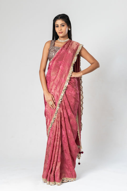 Tissue Embroidered Saree With Readymade Blouse