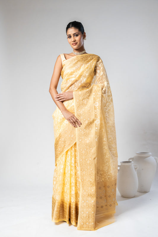 Mango Gold Organza Embellished Saree With Unstitched Blouse