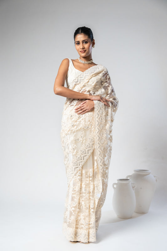 White Net Embroidered Saree With Unstitched Blouse (Ft:-Isha Borah)