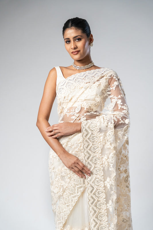 White Net Embroidered Saree With Unstitched Blouse  (Ft:-Isha Borah)