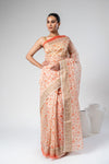 Off White Peach Floral Printed Cotton Saree With Unstitched Blouse