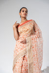 Off White Peach Floral Printed Cotton Saree With Unstitched Blouse