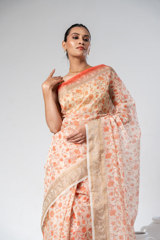 Off White Peach Floral Printed Cotton Saree With Unstitched Blouse