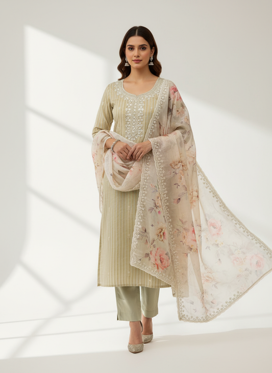 Unveil Timeless Grace Olive Organza Unstitched Salwar Kameez With Organza Floral Dupatta