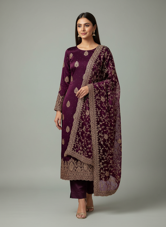 Deep Hues Wine Organza Unstitched  Salwar Kameez With Organza Dupatta