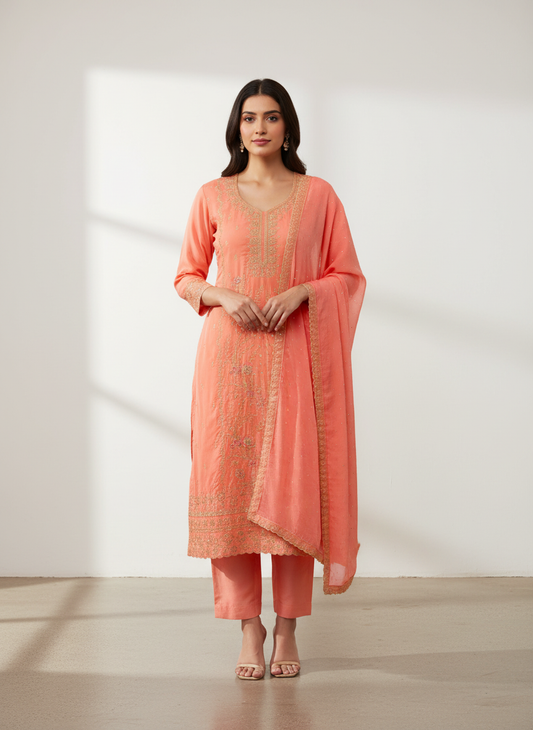 Graceful Flow Peach Unstitched Crepe Salwar Kameez With Chiffon Dupatta