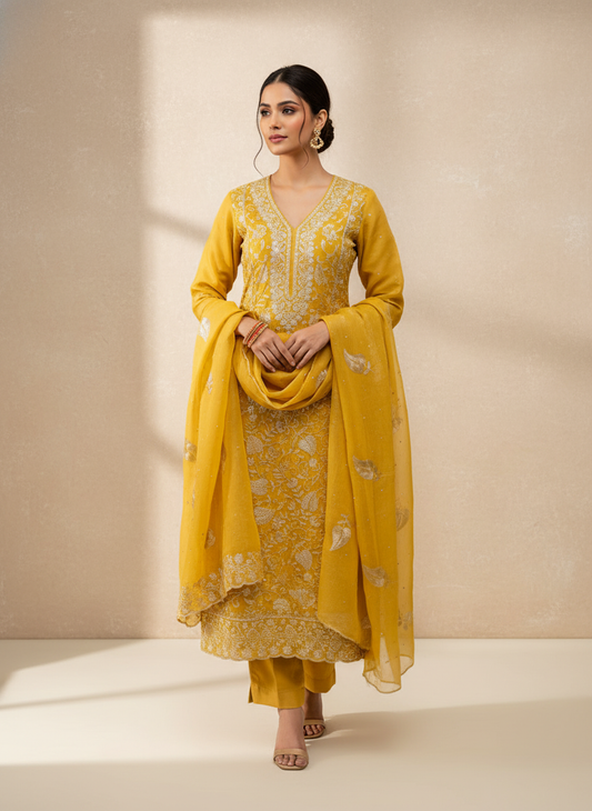Sunshine Charm Mustard Shimmer Unstitched Salwar Kameez With Shimmer Dupatta