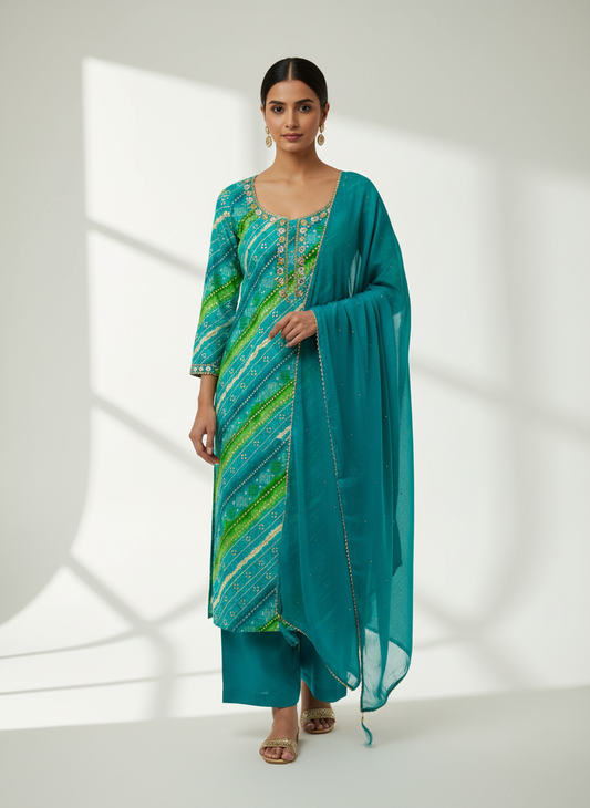 Dive Into Elegance Firozi Cotton Unstitched Salwar Kameez & Chiffon Dupatta