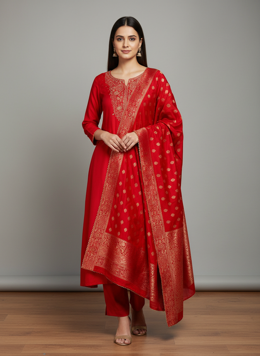 Grace Redefined Red Crepe Unstitched Salwar Kameez With Crepe Dupatta