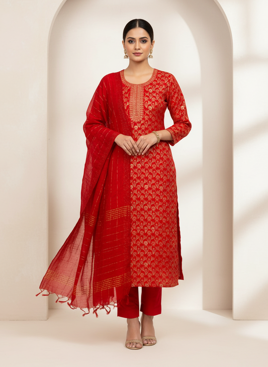 Grace Redefined Red Unstitched Cotton Salwar Kameez With Cotton Dupatta