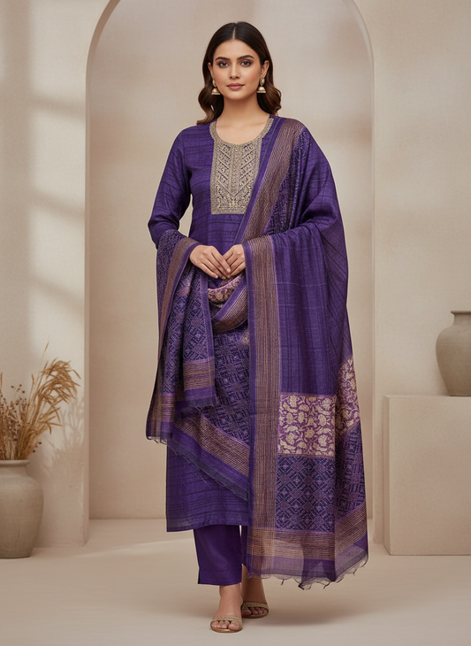 Draped in Royalty Purple Cotton Unstitched Salwar Kameez With Cotton Dupatta