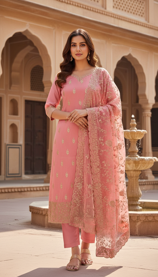 Glow Different Gajari Organza Unstitched Salwar Kameez With Organza Dupatta