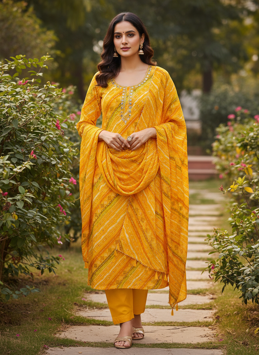 Sunshine Charm Mustard Unstitched Cotton Salwar Kameez & Chiffon Dupatta