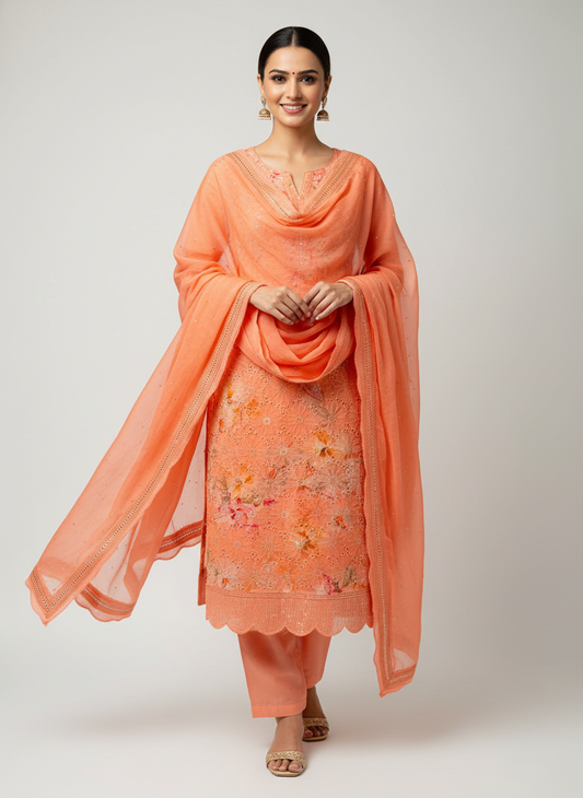 Graceful Flow Peach Unstitched Organza Salwar Kameez With Chiffon Dupatta
