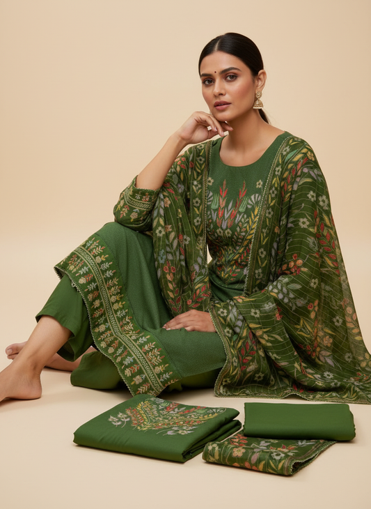 Celebrate Tradition In Mehndi Shimmer Unstitched Salwar Kameez With Georgette Dupatta