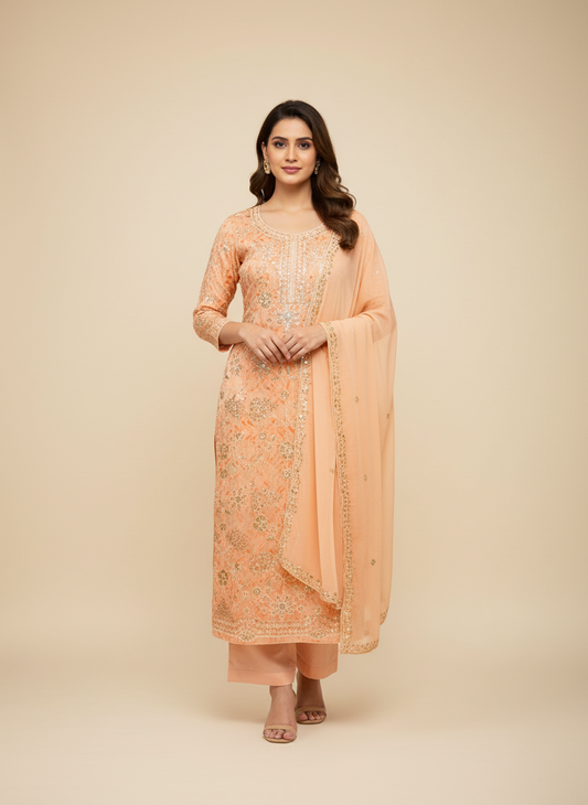 Graceful Flow Peach Georgette Unstitched Salwar Kameez With Chiffon Dupatta