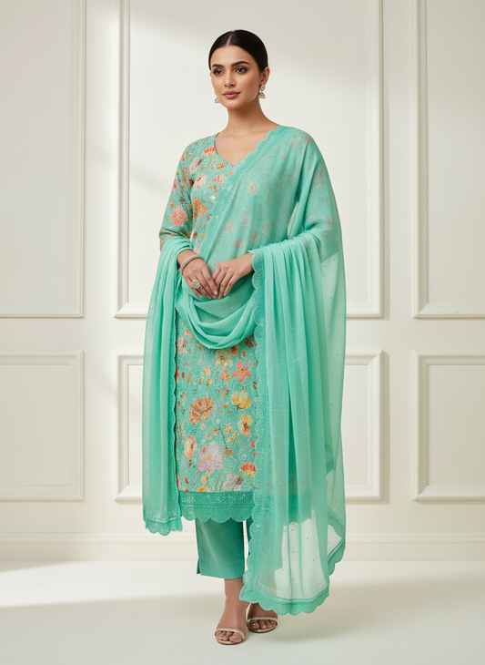Royal Heritage Tea-green Organza Unstitched Salwar Kameez With Chiffon Dupatta