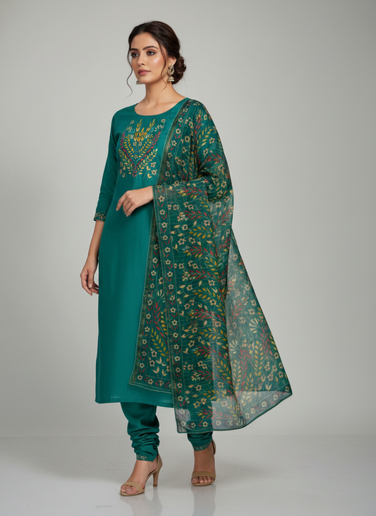 Soft Hues Rama Shimmer Unstitched Salwar Kameez With Georgette Dupatta