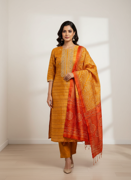 Sunshine Charm Mustard Unstitched Cotton Salwar Kameez With Cotton Dupatta