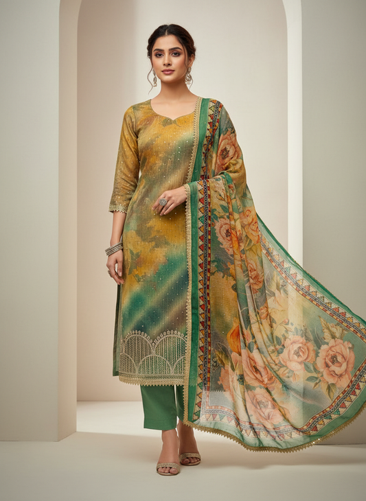 Flow In Freshness With Sea Green Organza Unstitched Salwar Kameez With Chiffon Dupatta